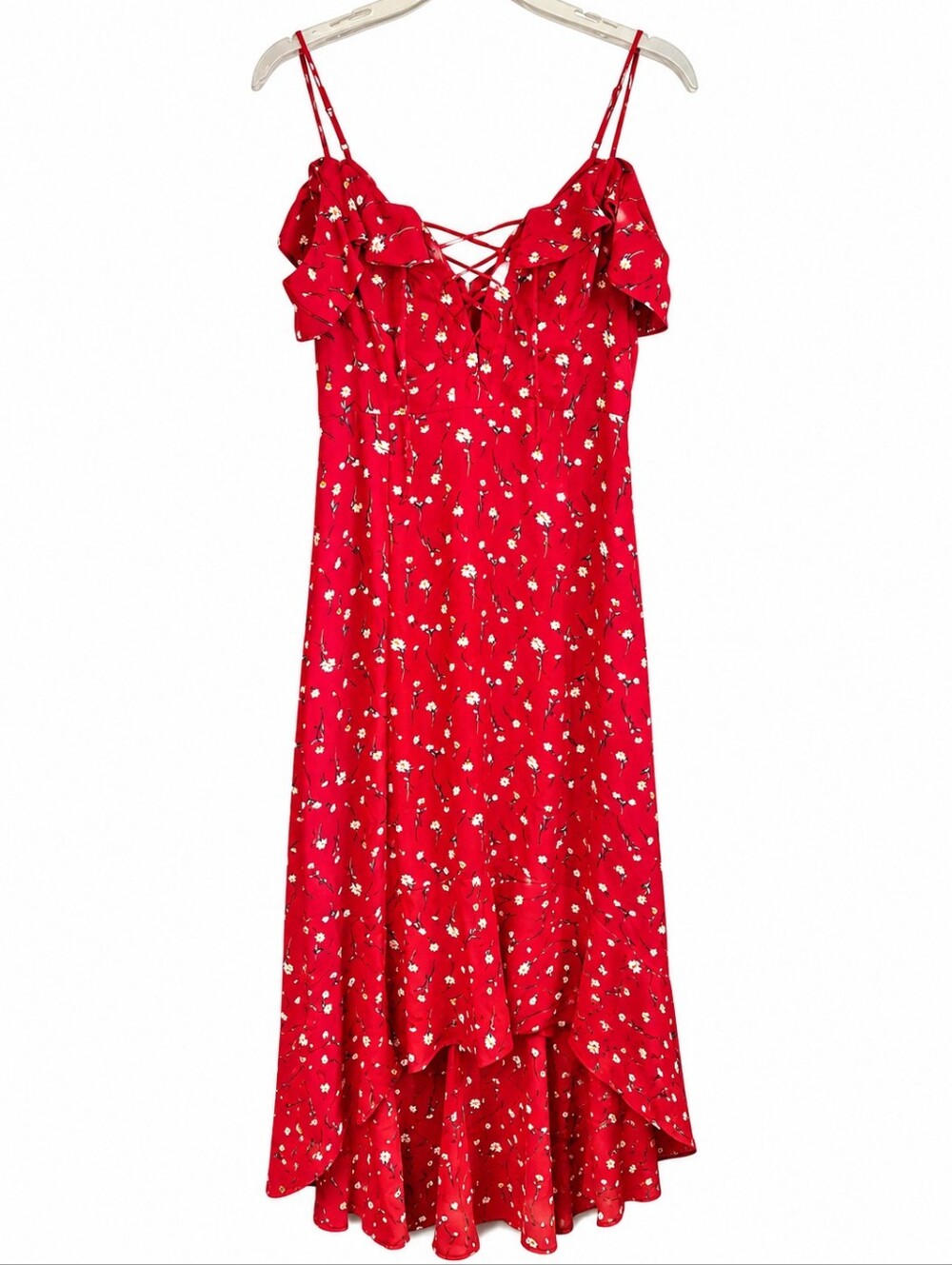 IF BY SEA Floral Ruffle Maxi Dress Red Cottagecore Lace Up Sundress Size M